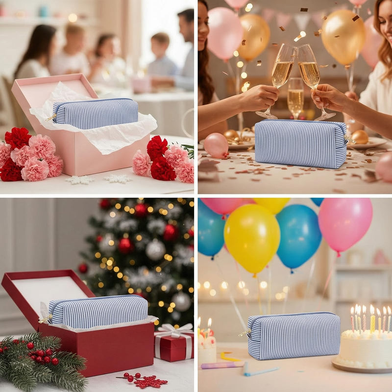 12 PACK Makeup Bags-Bulk Seersucker Cosmetic Bag for Women Bridesmaid Gifts Makeup Pouch for Wedding Party Favors Bachelorette Party Decorations Travel Toiletry Organizer Graduation Gifts(12, Blue) 12