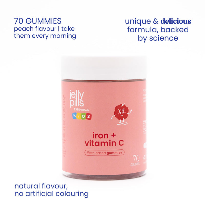 Jelly Pills Iron Gummies for Kids 14 mg + Vitamin C 15 mg - 60 Gummies 2-Month Course - Sugar Free - Peach Flavour - Cognitive Development, Energy & Blood Formation Support