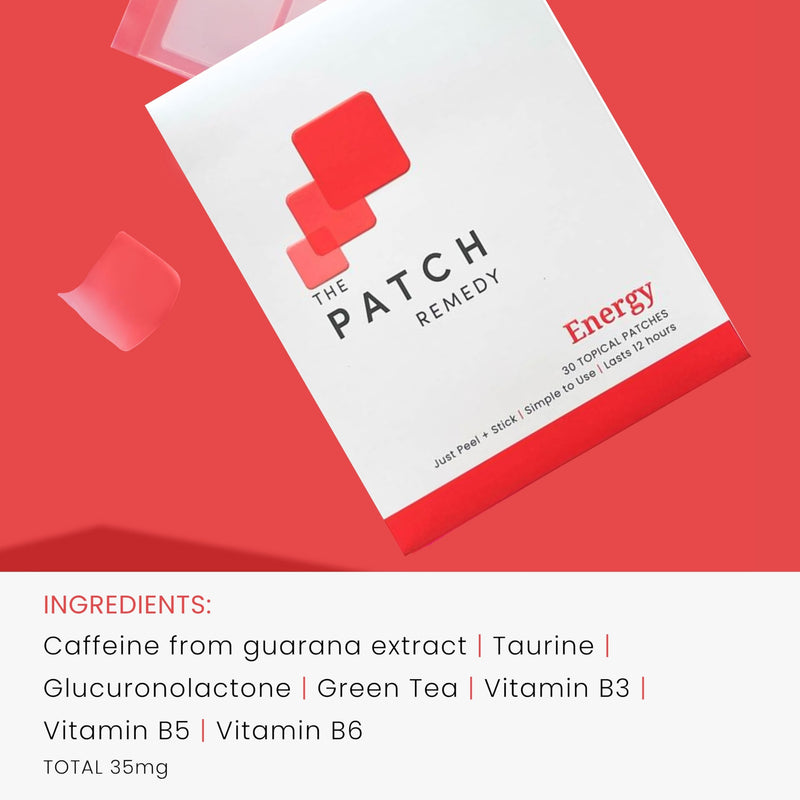 The Patch Remedy Energy Patches | 30 Topical Patches | Caffeine from Guarana, Taurine, Vitamin B6, Vitamin B3, Vitamin B5, Green Tea | 12-24 Hours