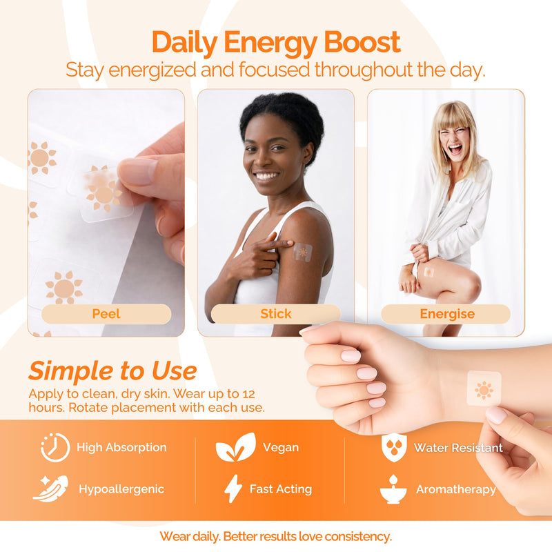 Energy Patches with Caffeine for Daily Energy Support - Wearable Energy Patch with Green Tea, Taurine & B Vitamins - No Crash Energy - Transdermal Daily Patch - Vegan - 15 Patches - Made in UK