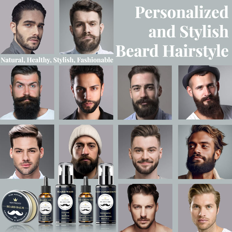[Australia] - NOVTWENTY Beard Growth Set - 7-piece beard care set for men, including beard wash, beard oil and beard growth oil, beard conditioner, beard balm, beard comb, gift box set for boyfriend, husband, father 