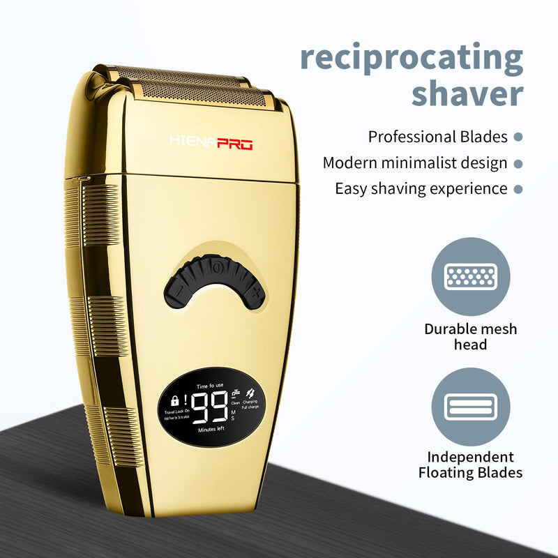 [Australia] - HIENA PRO Reciprocating Foil Shaver for Men, Professional Bald Precision Trimmer and Beard Trimmer, Electric Foil Shaver with USB Charging, Grooming Tools, Gifts for Men(Gold) Gold 