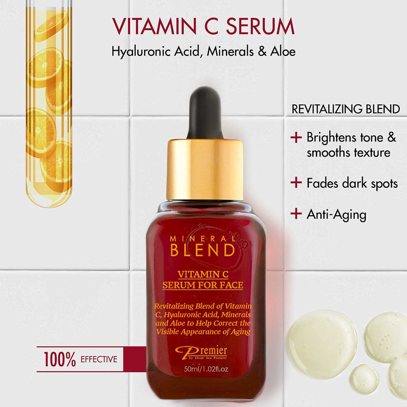 Premier Vitamin C Facial Serum with Hyaluronic Acid & Rose Hip 1.7 fl oz | Natural & Organic Anti Aging facial serum, Mineral Blend by Premier Dead Sea 1.7 Fl Oz (Pack of 1)