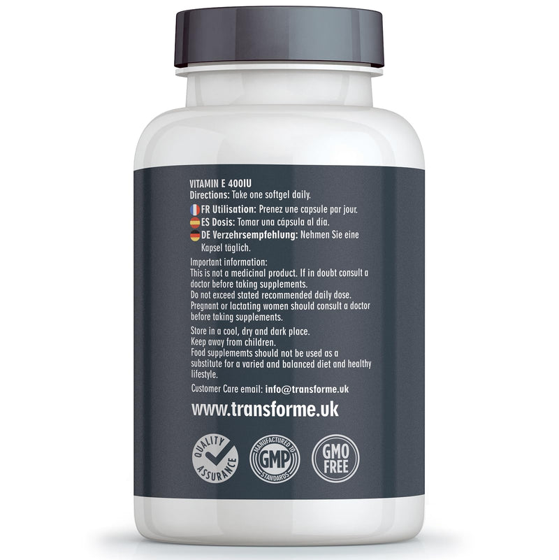 Transforme Vitamin E Capsules 400iu, 180 High Absorption Softgels for Skin, Eyes & Immune System, 6 Month Supply, Gluten Free, UK