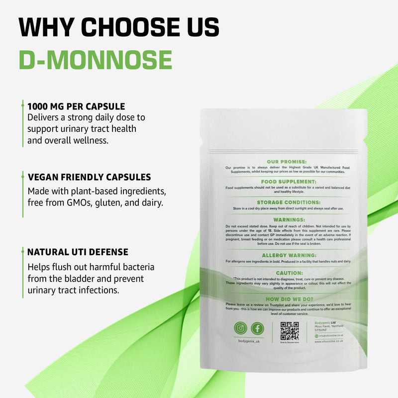 Bodygenix D-Mannose 1000mg Capsules High Strength UTI Treatment Immune System Support Vegan Food Supplement - 60 Capsules 2 Month Supply 60 count (Pack of 1)