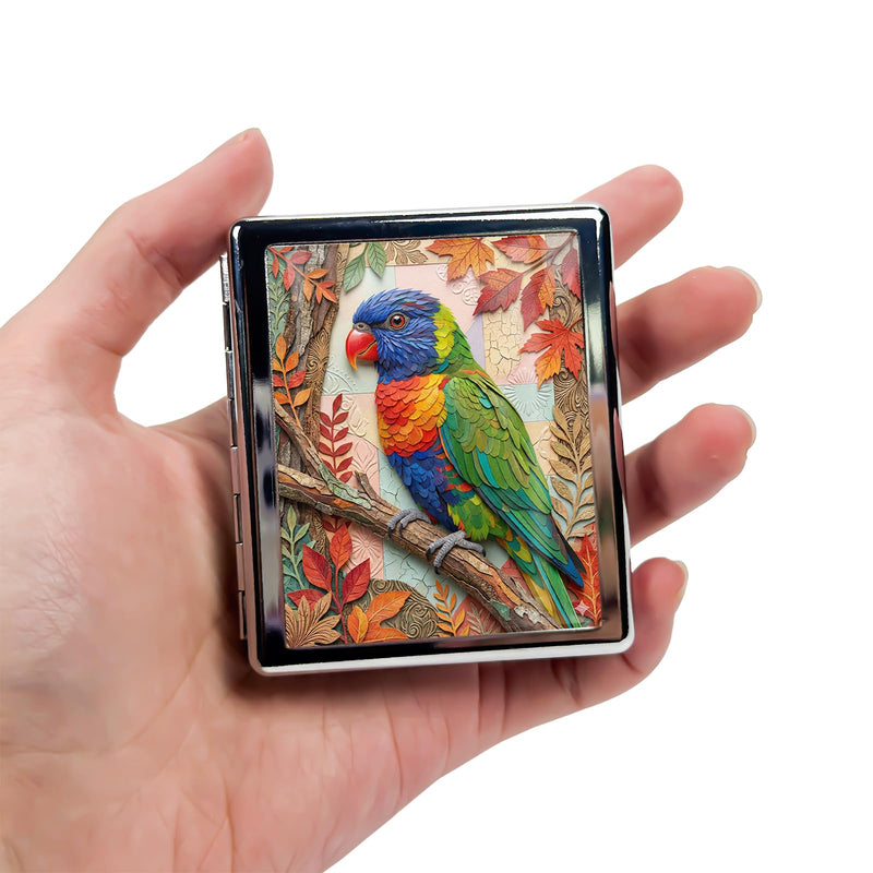Metal 7 Day Pill Organizer, Cute Small Weekly Pill Case with 8 Compartments for Travel, Moisture-Proof Medicine Holder for Purse, Compact Daily Vitamin Box (Autumn Parrot) Autumn Parrot