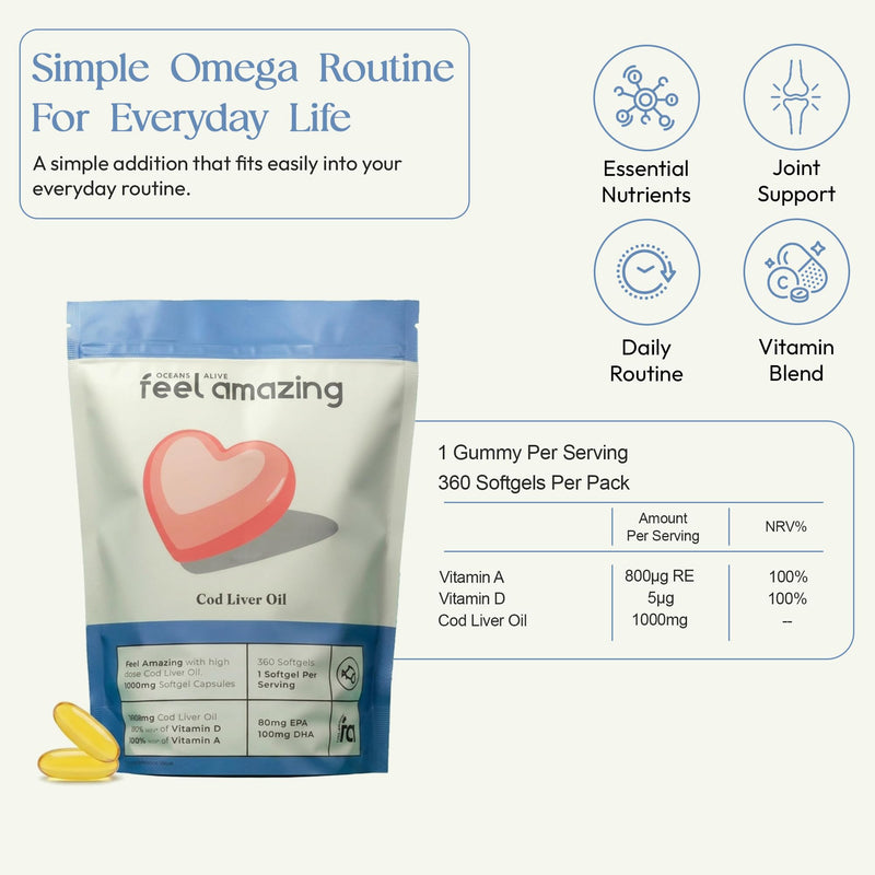 Feel Amazing Cod Liver Oil 1000mg Softgel Capsules – Omega 3 Fish Oil with Vitamin A & D – One a Day Daily Supplement for Bone, Vision & Immune Support – 360 Softgels 12 Month Supply Pouch