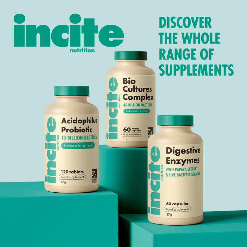 Incite Nutrition Digestive Enzyme Supplements. 60 Capsules, 1-2 Month Supply. 8 Enzyme Complex with Probiotics. Gut Health Support. Anti Bloating Tablets for Women. Suitable for Vegetarians & Vegans