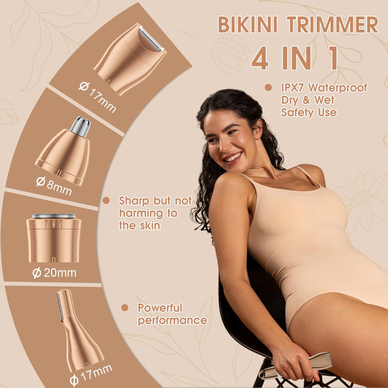 [Australia] - Bikini Trimmer & Hair Clippers for Women - Waterproof Electric Razor and 4 in 1 Bikini Shaver Set, Deluxe Hair Trimmer, Wet/Dry Body Shaver for Nose Eyebrows Beard Pubic Hair, White 