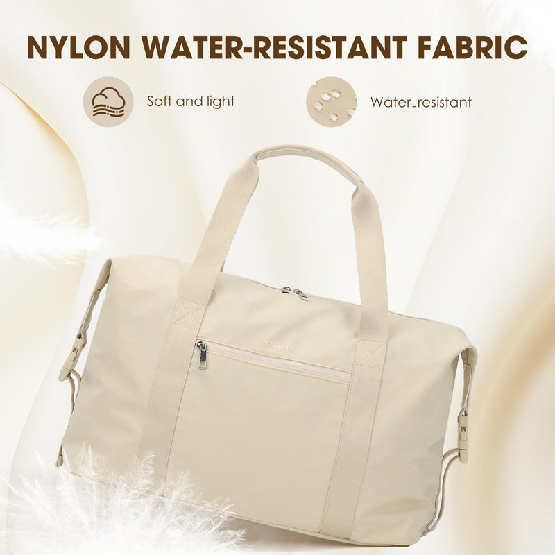 Oeihuivt Weekender Bags for Women - 21 Inch Large Travel Duffel Bag 2-Piece Set with Shoe Compartment, Heavy-Duty Canvas Leather Carry On Overnight Tote, Beige