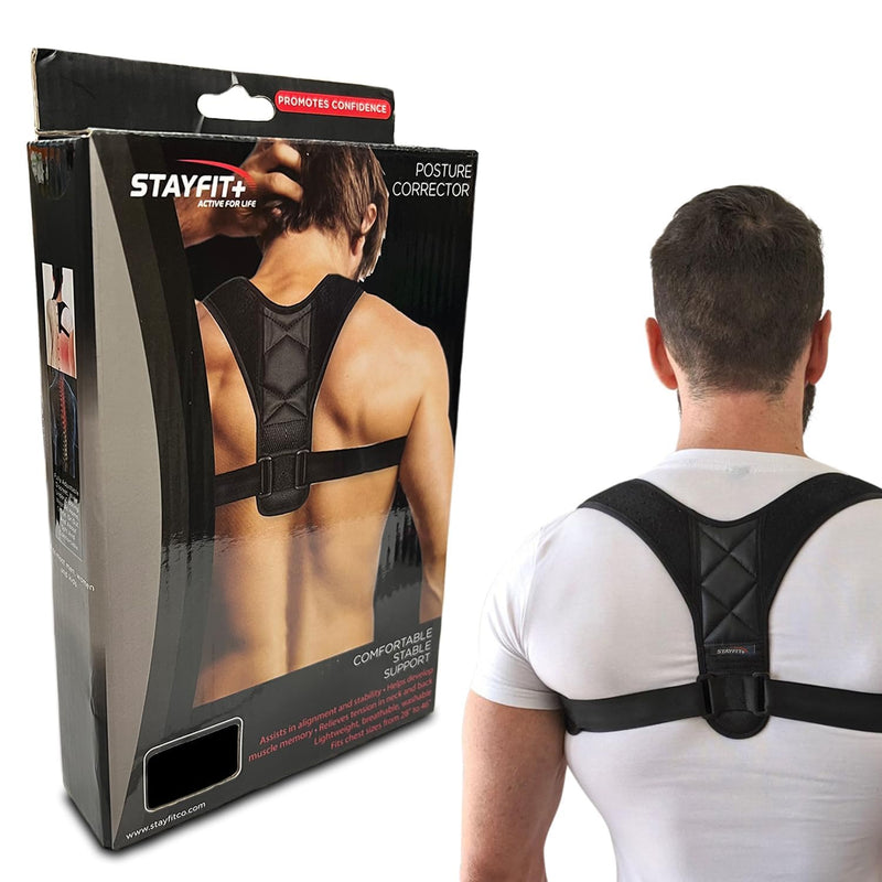 Stayfit Posture Corrector Unisex Back Brace, Adjustable Upper Back Pain Relief Support, Spine Neck Straightener Strap Black