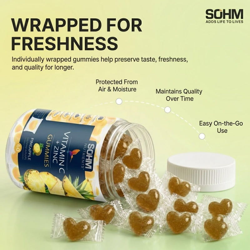 SOHM Vitamin C 60000 mcg + Zinc 15000 mcg Gummies for Adults | 60 Gluten, Gelatin Free, Vegetarian Gummies | Supports Healthy Immune Function | Vitamin C & Zinc Supplement for Men & Women