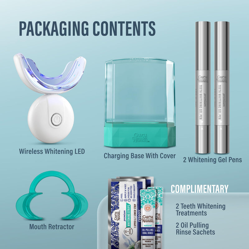 GuruNanda Teeth Whitening Kit - 8% Hydrogen Peroxide Teeth Whitening Gel Pen & Advanced Wireless LED Accelerator Light, Upto 10 Shades Whiter Teeth, Professional Dentist-Inspired System, 40 Treatments Pack of 1