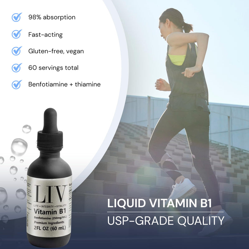 LIV Vitamin B1 Liquid – Thiamine & Benfotiamine Supplement for Glucose Metabolism & Nerve Support – Fast-Absorbing Liquid Drops – 60 mL
