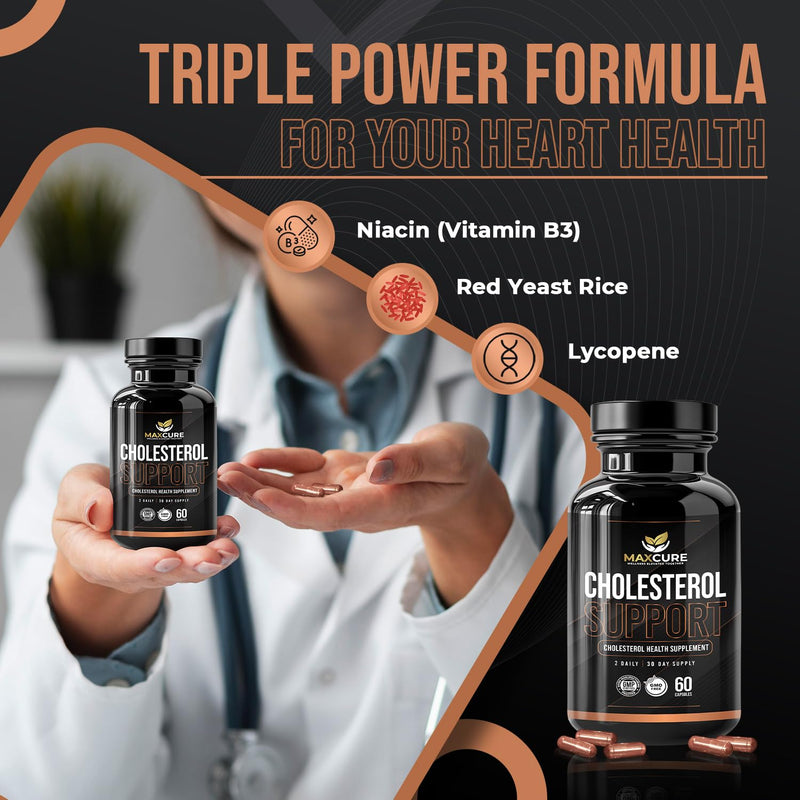 [Australia] - Cholesterol Support Supplement - Heart Health Support Formula with Vitamin B3, Red Yeast Rice & Lycopene, Made in USA, 2 Capsule Daily, 30 Days Supply 