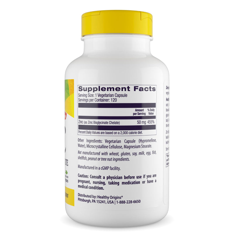 Healthy Origins Zinc Bisglycinate Chelate 50 mg, 120 Veggie Caps