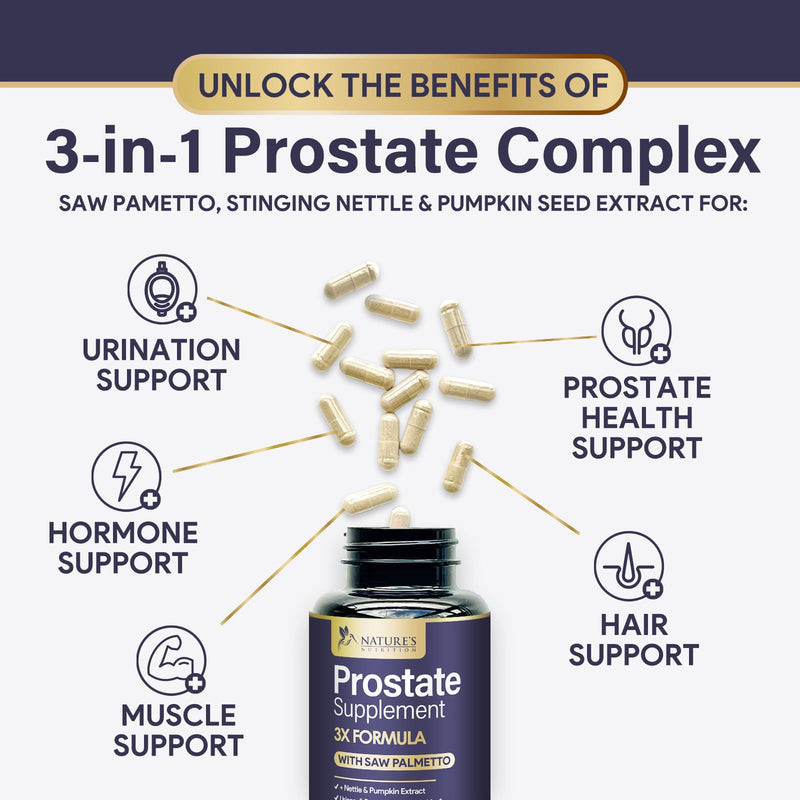 [Australia] - Prostate Health Supplements for Men - 3X Formula with Saw Palmetto Blend Stinging Nettle Root & Pumpkin Seed Extract Support Complex - Supports Bathroom Trips Prostate & Urinary Health - 120 Capsules 120 Count (Pack of 1) 