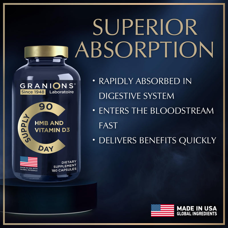 Vitamin D3 HMB Supplements for Men and Women - 1,000 MG Calcium beta-Hydroxy beta-methylbutyrate per Serving - Daily Nutritional Support for Muscle Function and Bone Health - 3-Month Supply, 180 Caps 180 Capsules - 3 Month Supply