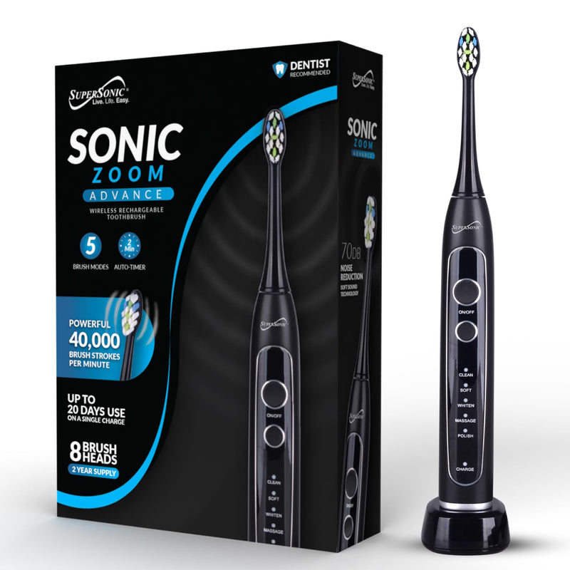 [Australia] - Supersonic TB-5100 Sonic Zoom Advanced Whitening Electric Toothbrush | 40,000 VPM | Wireless Charging | 5 Cleaning Modes | 8 Brush Heads | Auto Timer | Travel Case | Black 
