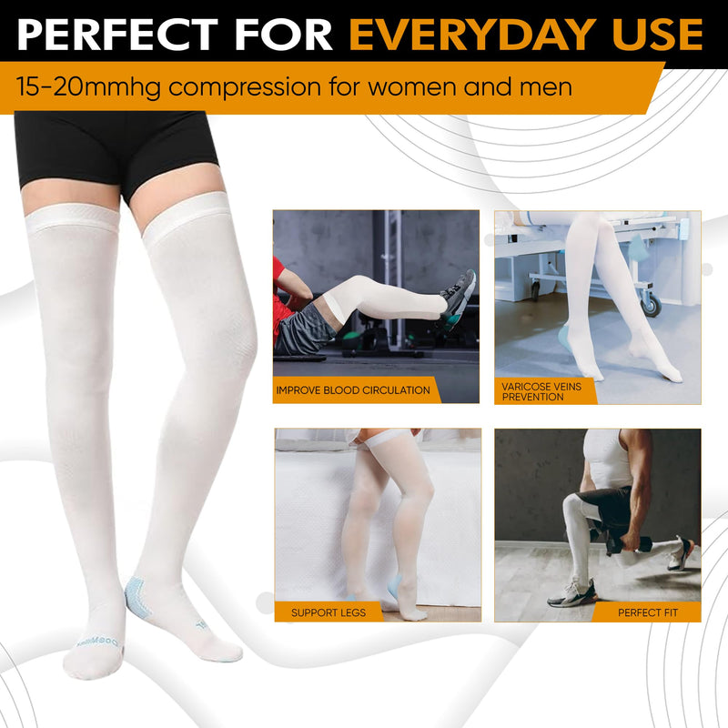 [Australia] - Doc Miller TED Hose Thigh High Anti Embolism Stockings for Women & Men, Hospital Style Surgical Stockings, Plus Size White Compression Socks 15-20mmHg, Support Hose with Inspection Hole (S-5XL) Large 