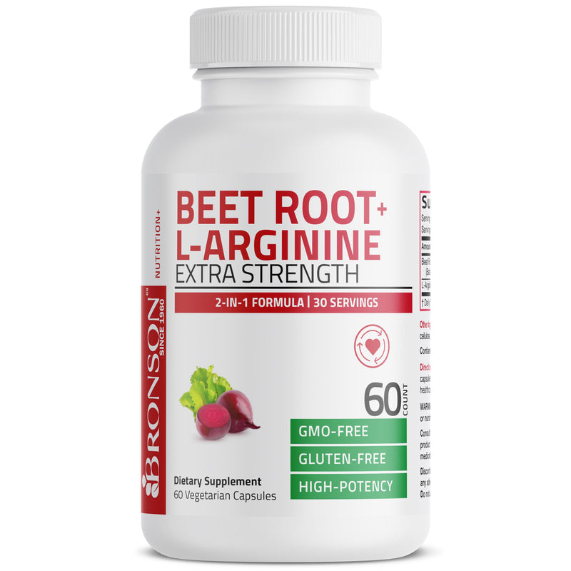 Bronson Beet Root + L-Arginine Nitric Oxide & Stamina Support, 60 Capsules | 2-in-1 Performance Formula, Cardiovascular & Circulation Support, Vegetarian, Non-GMO & Gluten-Free 60 Count (Pack of 1)