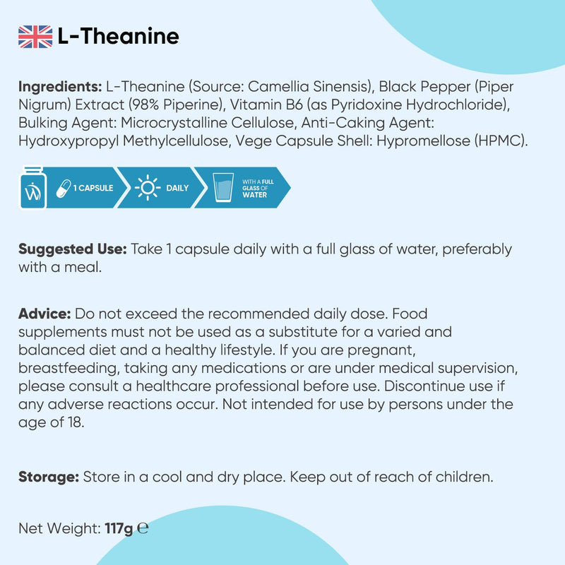 L-Theanine - 401mg - 180 Capsules - 6 Months Supply | with Vitamin B6 & Black Pepper | 1 Capsule per Day | Vegan & Magnesium Stearate-Free - L Theanine Supplement for Men & Women - Made in Europe