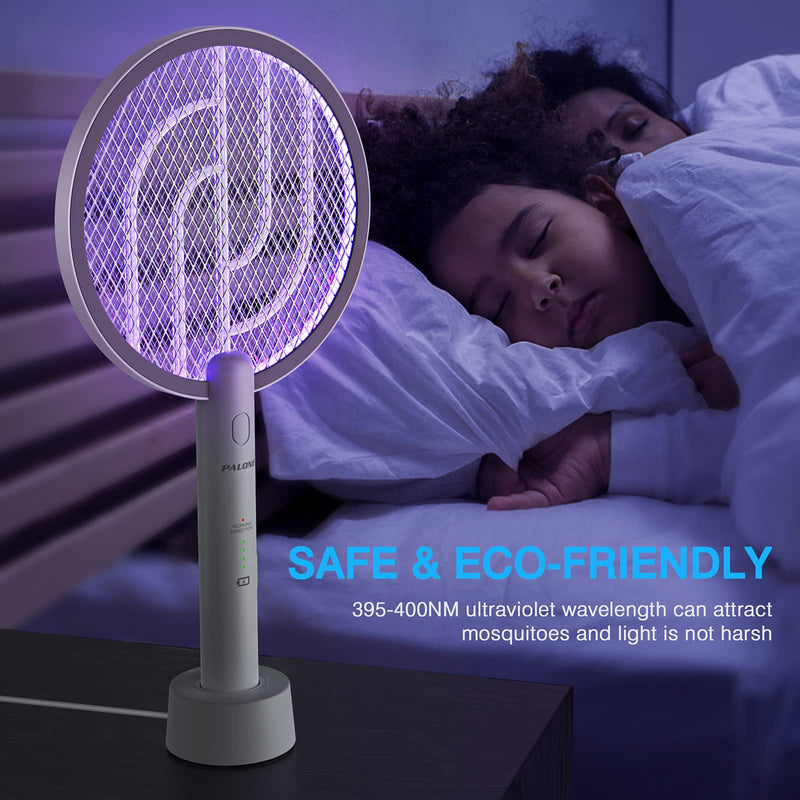[Australia] - PALONE Electric Fly Swatter 3000V Bug Zapper Racket 2 in 1 Fly Swatter with 1200mAh Battery Rechargeable Mosquito Killer Lamp with 3 Layers Safety Mesh for Indoor and Outdoor 1 Pack White 