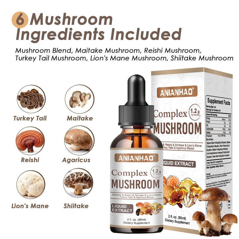 Mushroom Complex 6 1200mg | Mushroom Supplement with Lions Mane, Reishi, Agaricus, Shiitake, Turkey Tails & Maitake | High Strength for Immune, Brain, Focus & Energy | 100% Vegan 60ml