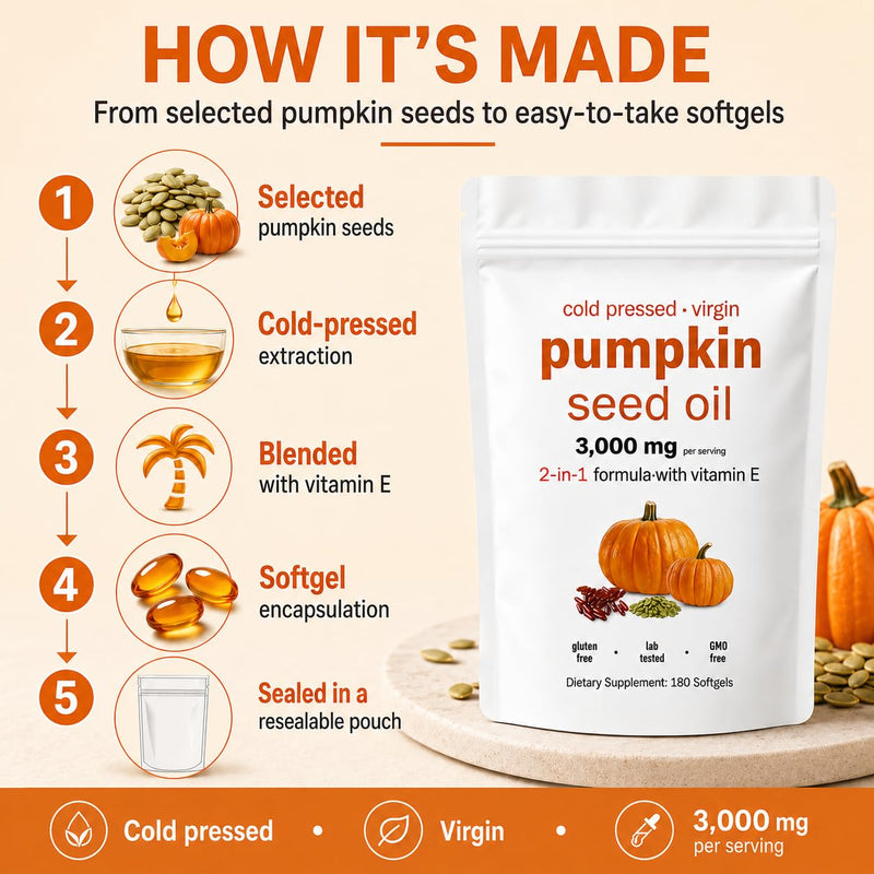 Pumpkin Seed Oil Capsules 3000mg per Serving | Cold Pressed Pumpkin Seed Oil with Linoleic & Oleic Acid, 180 Softgels | Non-GMO | Resealable Pouch