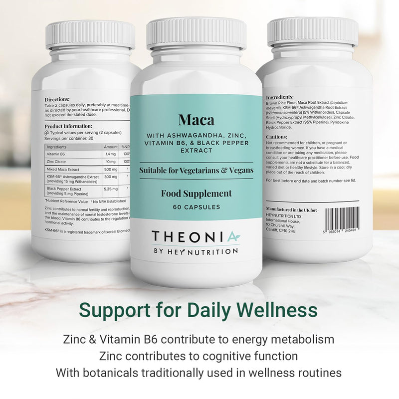 Theonia Maca Root Extract 20:1-500mg Per Serving – for Men & Women – Tri-Color Black/Red/Yellow Blend – 60 Vegan, Non-GMO Capsules