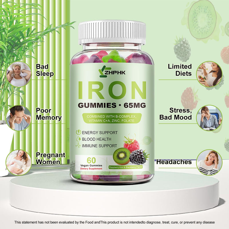 Iron Supplement for Women, Men & Kids, Energy Support for Iron Deficiency | Iron Supplement, 65mg & Vitamin C 250mg per Serving, with B6 B12 Folate,for Iron Deficiency, Anemia Raspberry Kiwi & Blackberry 60 Count (Pack of 1)