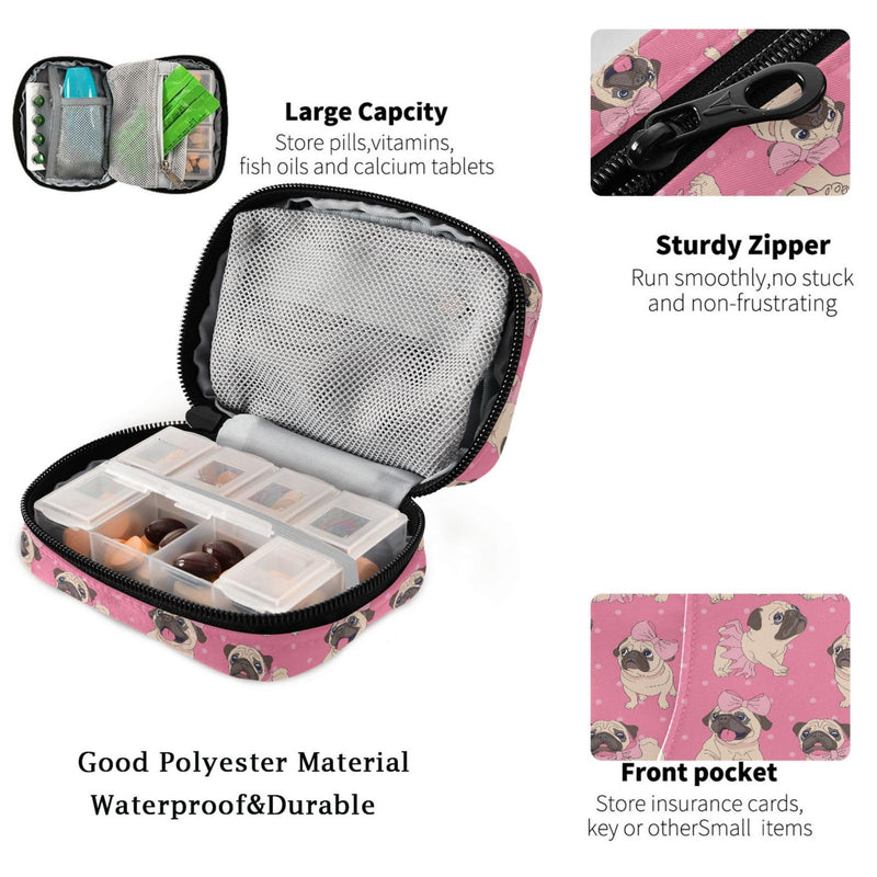 Fustylead Cute Cartoon Pugs Puppies in Pink Ballerina Tutu Bow and Dots Pill Organizer for Purse, Weekly Portable Pill Box with Zipper to Storage Vitamins Fish Oils Medications Supplements