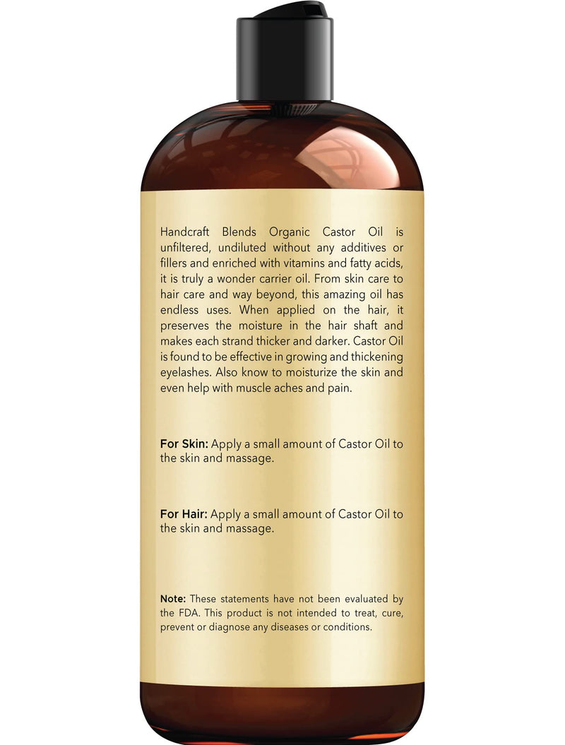 [Australia] - Handcraft Blends Organic Castor Oil - 16 Fl Oz - 100% Pure and Natural - Premium Grade Oil for Hair Growth, Eyelashes and Eyebrows - Carrier Oil - Hair and Body Oil - Expeller-Pressed and Hexane-Free Organic Castor 16 Fl Oz (Pack of 1) 