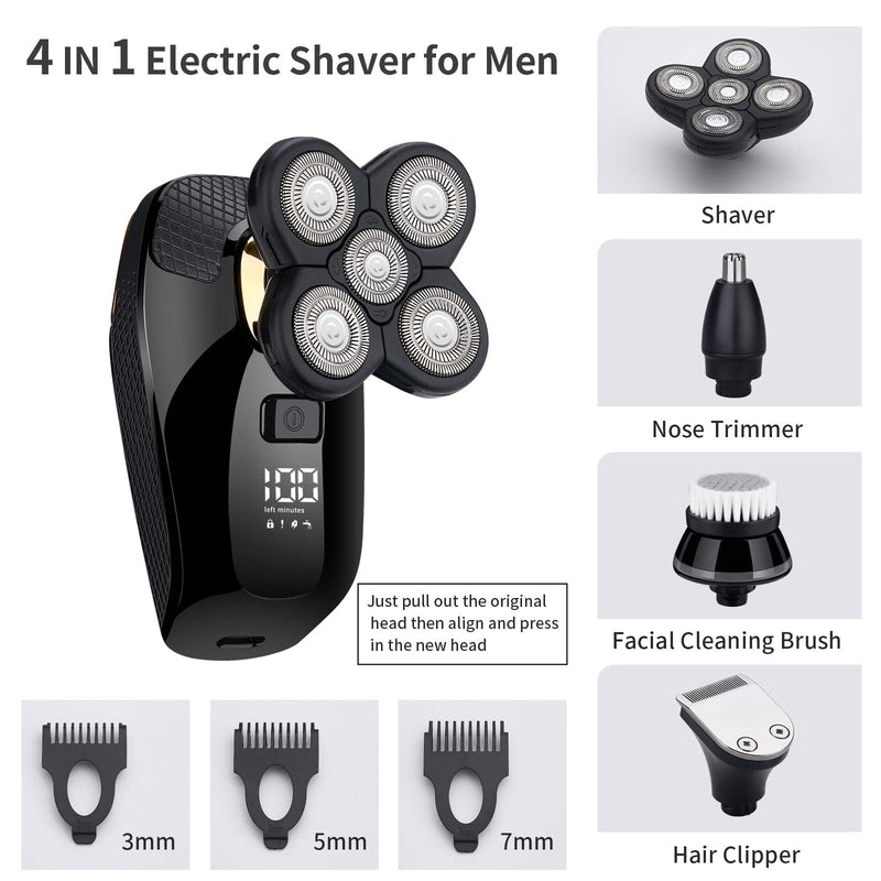 [Australia] - 4 in 1 Electric Head Shaver Set - Bald Shaver, Wet & Dry, Cordless, with Nose & Ear Trimmer, Facial Cleansing, Rechargeable, IPX6 Waterproof Jk-5588 