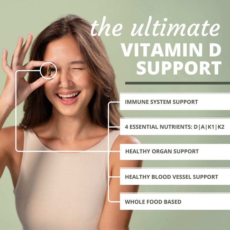 Optimal Health Systems Essential DAK1K2 Vitamins D3 A K1 K2, 60 Softgels | Vitamin D3 5000 IU, vitamins A, K1 and K2 with MK-7, immune, bone and heart support, whole food based, non-GMO, gluten-free 60 Count (Pack of 1)