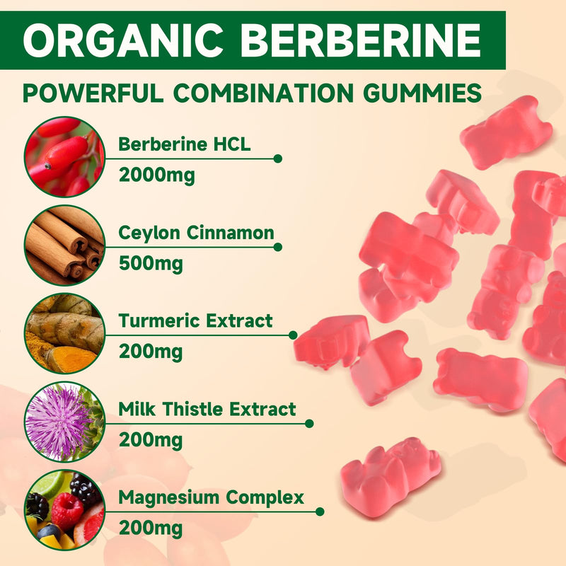 [Australia] - 2 Pack Berberine Gummies, 2000mg High Potency Berberine HCI Supplement, Plus Ceylon Cinnamon, Milk Thistle for Women & Men, Immune System & Metabolism Support - 120 Gummies 2pack 