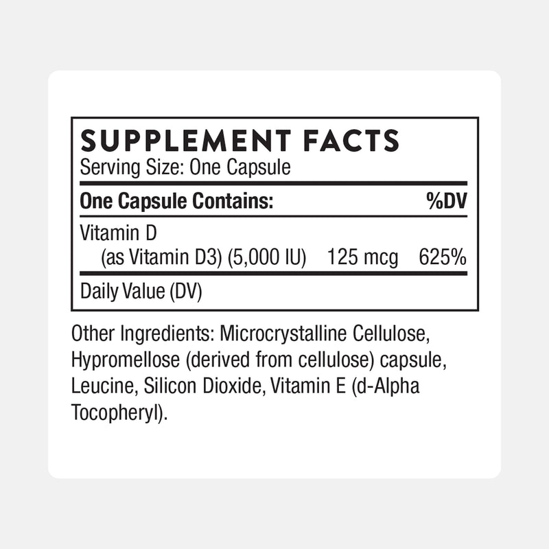 THORNE - Vitamin D-5,000 - Vitamin D3 Supplement - Supports Healthy Bones, Teeth & Muscles, Plus Cardiovascular & Immune Function* - NSF Certified for Sport - Gluten, Dairy & Soy-Free - 60 Capsules 60 Count (Pack of 1)