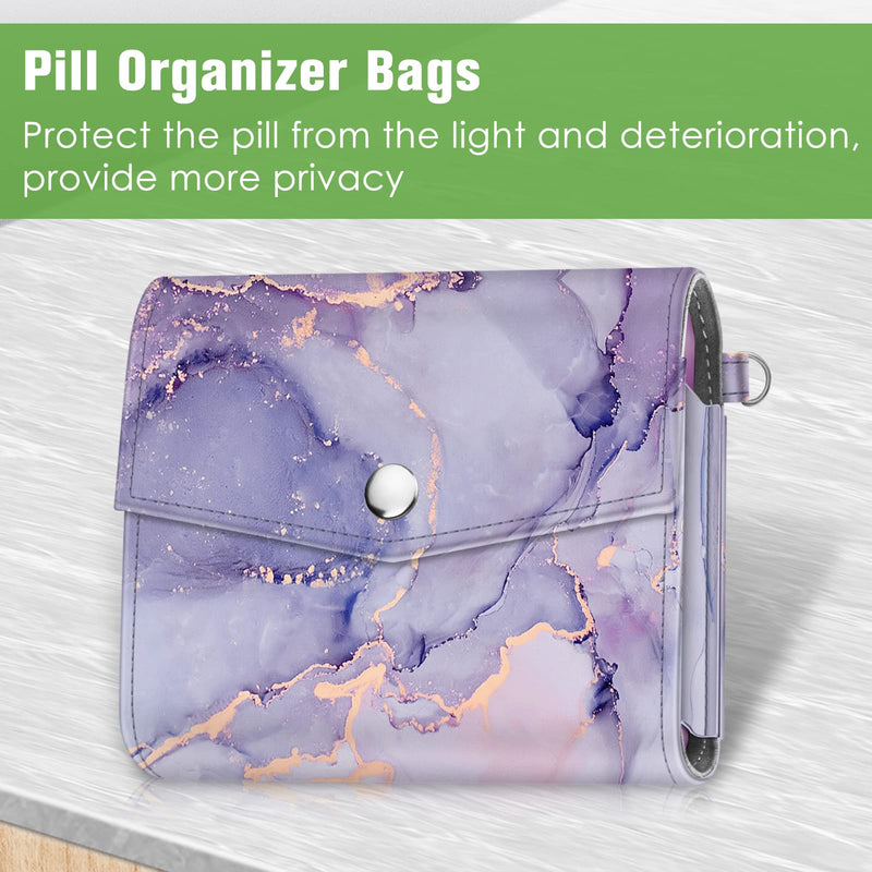 FINPAC Weekly Pill Organizers 4 Times A Day, Slide Open PU Leather Case | Travel Pill Vitamin Medicine Reminder and Planner with Name Card for Morning Afternoon Evening Bedtime, Lilac Marble
