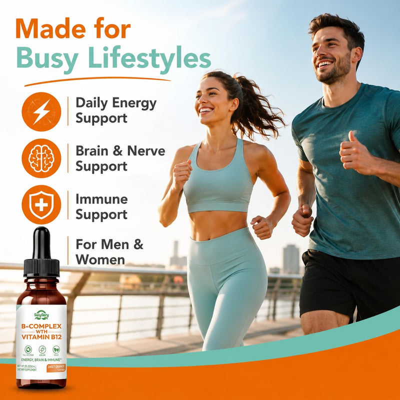 Suiyilary Vitamin B Complex Liquid Drops, B12 Methylcobalamin, B9 Folic, Vitamin C, Immune, Energy Metabolism, Brain & Heart Support, Orange Flavor, 60ml