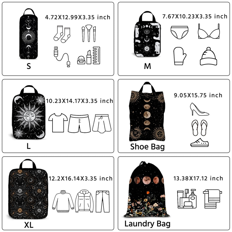 6 Pcs Compression Packing Cubes Waterproof Suitcase Travel Bag Luggage Backpack Organizer Travel Cubes for Packing-Gothic Style Gothic Style