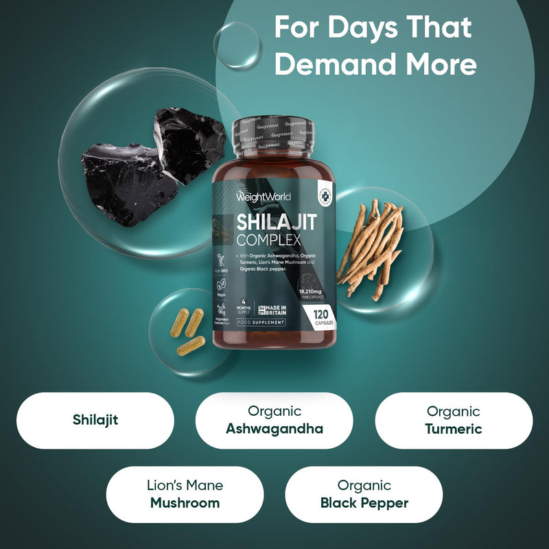 Himalayan Shilajit Capsules 18,210mg | 120 Capsules | 4 Months Supply | 1 a Day | with Organic Ashwagandha, Turmeric, Lion's Mane Mushroom, & Black Pepper | Shilajit for Women & Men | Made in the UK