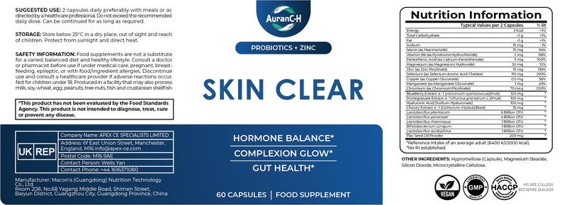 Hormonal Acne Supplement, Clear Skin Supplement with Zinc, Natural D Supplement - Skin Care Vitamins - Hormone Balance, Antioxidants - Gluten Free, Cruelty Free, 60 Capsules