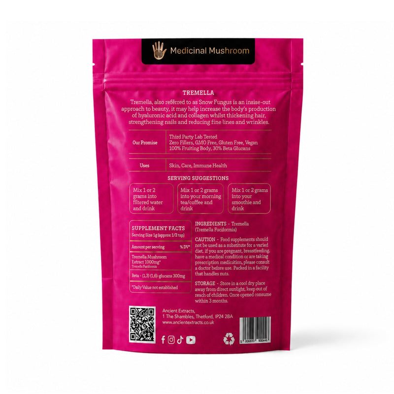 Ancient Extracts Tremella Mushroom Powder 15:1 Extract (60 servings) | For Skin Hydration & Collagen Support | 1 Serving Equals 15,000mg of Raw Mushroom | 30% Beta Glucans | Tested for Purity & Safety