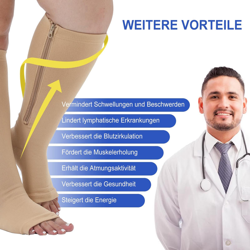 [Australia] - ZFSOCK Compression Stockings Thick Calf Support Stockings: Medical Compression Socks Zipper Sports Women Plus Size Open Toes Men Varicose Veins Thrombosis Stockings 1 Pair 20-30mmHg L-XL Beige-1 Pair 