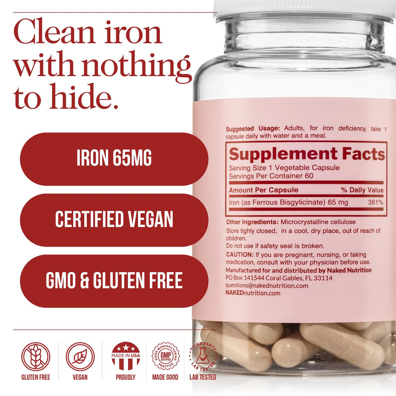 [Australia] - Naked Iron 65mg, 325mg Ferrous Bisglycinate - High Potency Iron Supplement for Iron Deficiency, Cellular Energy Support, Promotes Healthy Red Blood Cell Production, Non-GMO, Gluten-Free, 60 Capsules 
