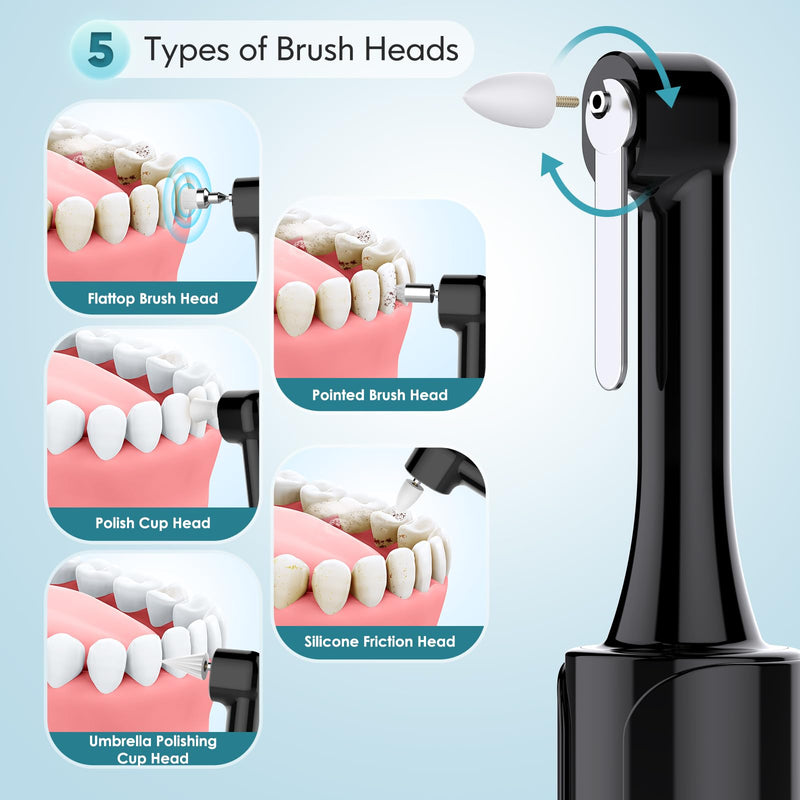 [Australia] - Tooth Polisher, Rechargeable Teeth Polisher with 5 Brush Heads, 4 Speed Modes, Tooth Whitening Kit for Cleaning and Polishing, LED Light, 3 Polish Pastes, IPX6 Waterproof Teeth Cleaning Tools, Black 