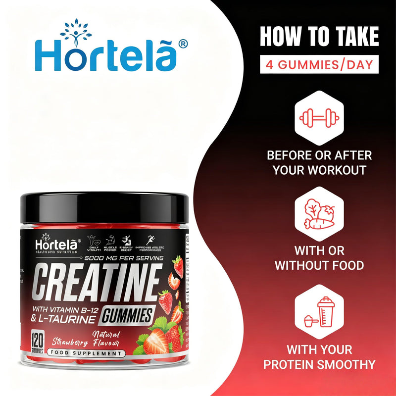 Creatine Gummies 5000mg – Creatine Monohydrate with B12 & L-Taurine | Strawberry Flavour Chewables for Men & Women | Energy, Muscle & Recovery Support | 120 Count (1 Month Supply) (Strawberry)