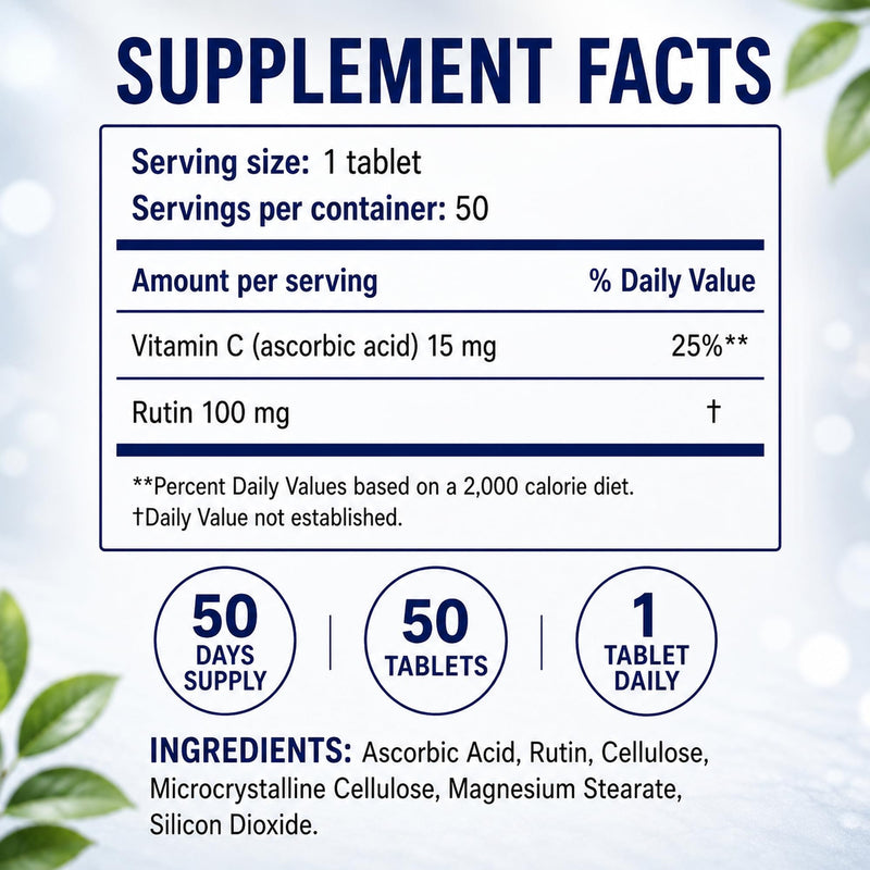 | Rutin Supplement & Vitamin C | 50 Tablets | 2-Pack | Rutin + Vitamin C, rutin supplement, antioxidant and collagen support, clean formula, 50 Count (Pack of 2)