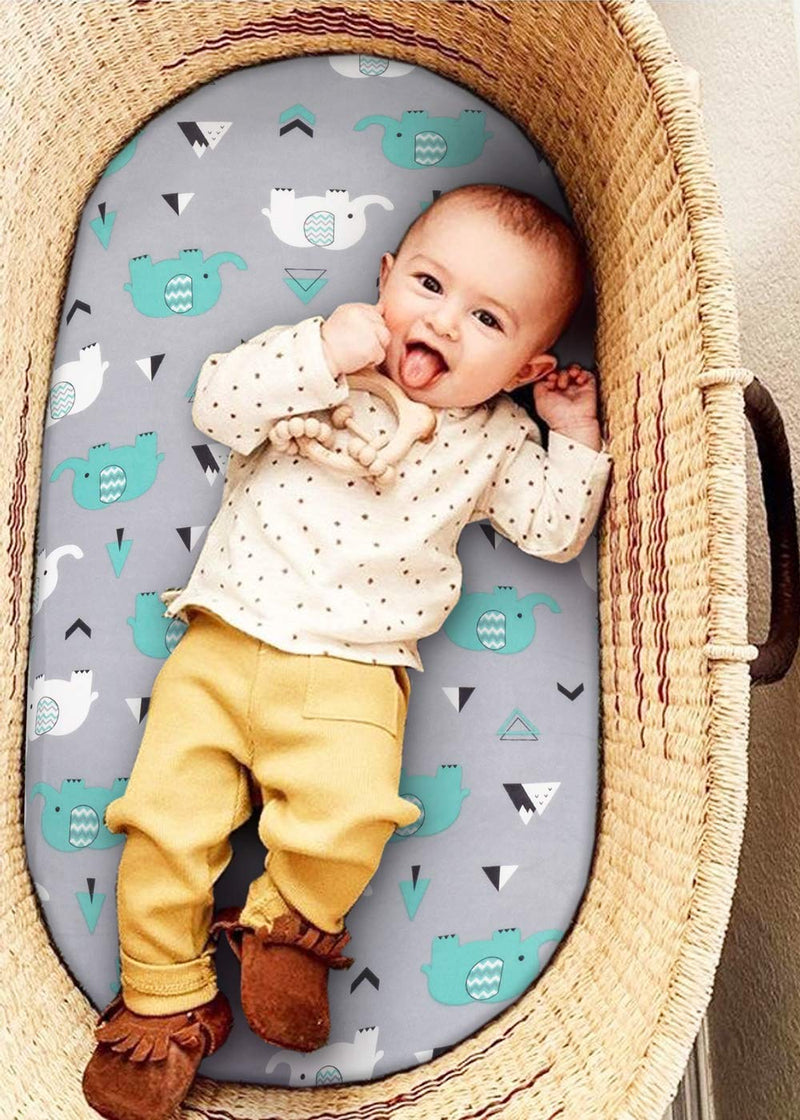 [Australia] - Stretch Fitted Bassinet Sheet Set BROLEX 2 Pack Cradle Sheets for Bassinet Pad/Mattress,Unisex Boys Girls,Ultra Soft,Elephant & Whale Grey Teal 