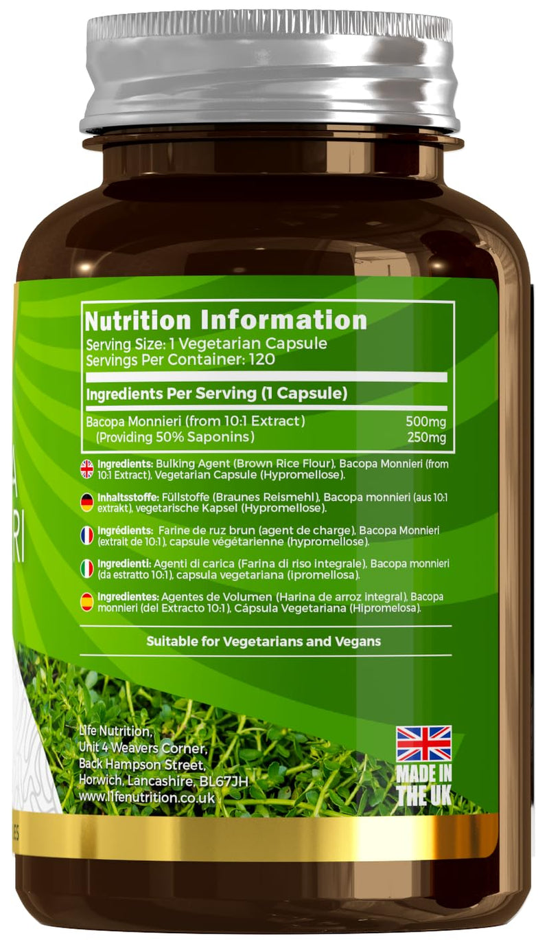 LN Bacopa Monnieri | 120 Vegan Bacopa Capsules - High Strength Brahmi Capsules - 500mg per Serving | Non-GMO, Gluten, Dairy & Allergen Free | Manufactured in The UK